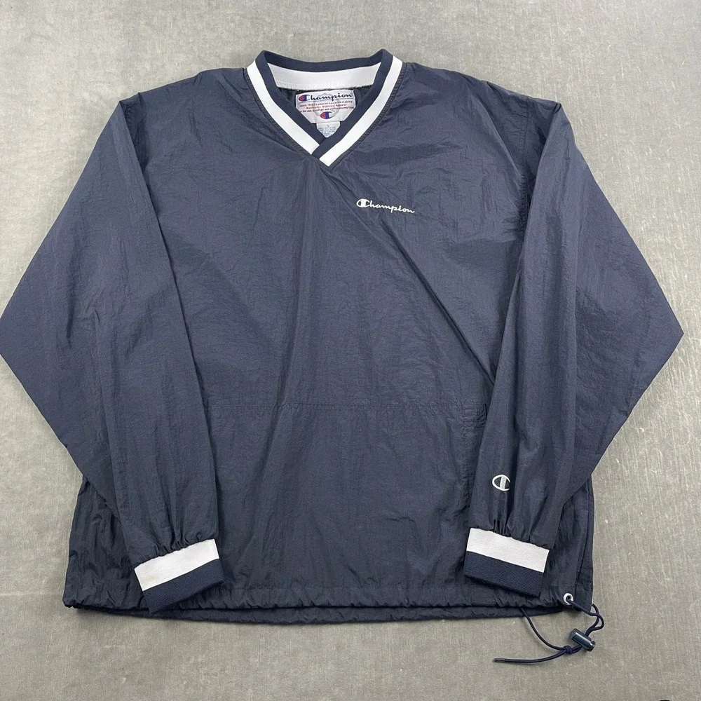 Vintage Champion Men Large Navy Blue Windbreaker Pullover V-Neck Kangaroo Pocket